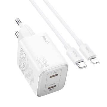 HOCO Wandladegerät 2 x Typ-C-Kabel Typ C zu Lightning PD QC 45W GaN Weiß