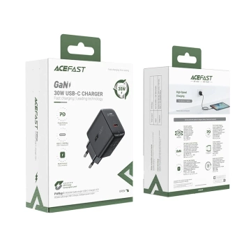 Acefast GaN 30W USB-C PD QC 3.0 Wandladegerät Schwarz Schwarz
