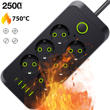 Przedłużacz Listwa zasilająca 6 gniazd gniazdka AC EU 4x USB + USB-C typ C gniazda 2500w Czarny