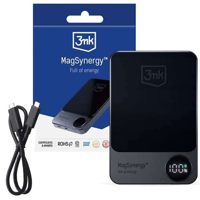 Powerbank 3mk MagSafe 10000 mAh QI USB-C Lightning LED MagSynergy bezprzewodowy indukcyjny Czarny