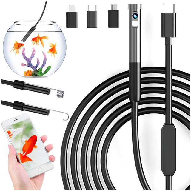 Kamera inspekcyjna endoskopowa podwójna Alogy Duo Cam 1920 Full HD Endoskop Lightning do iPhone, USB-C, micro USB 3m 8mm czarna