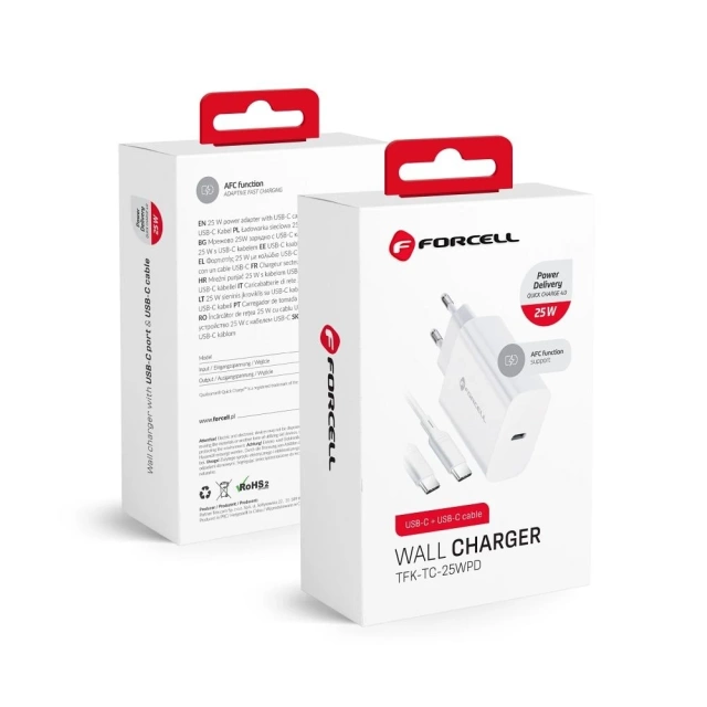 Forcell Schnellladegerät 25W PD QC 4.0 USB-C USB C auf USB C Kabel Weiß
