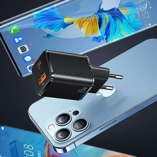 USAMS Ładowarka sieciowa 1xUSB-C+1xUSB T43 33W PD3.0 +QC3.0 + kabel U63 USB-C na lightning czarny/black USKTZ01