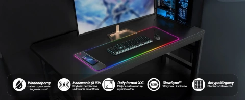 Alogy QiGlow Pro Schreibtischunterlage mit RGB-LED-Beleuchtung für Maus, Tastatur und Qi-Ladegerät für Smartphones. Rutschfeste, schützende Gaming-Matte XL (80 x 30 cm), Schwarz.