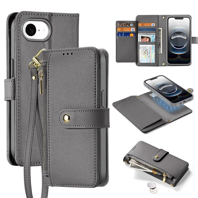iPhone 16e Dux Ducis Lawa Lederhülle mit MagSafe Wallet Grau