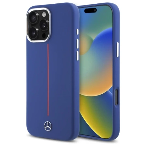 Mercedes Hülle für iPhone 16 Pro Max 6,9" Marineblau MagSafe Hardcase Silikon Rot gestreift