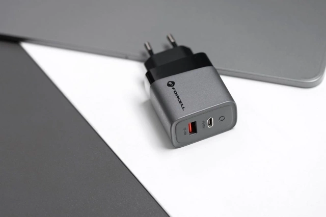 Ładowarka sieciowa Forcell GaN 45W USB-C + USB-A PD QC SFC Szara