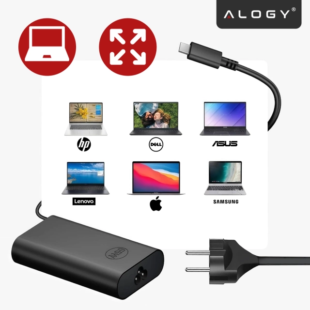 Zasilacz USB-C 65W PD do Laptopów HP Lenovo Asus Apple, Szybkie Ładowanie 20V 3.25A, Długi Kabel 2.8m, Kompaktowy i Wydajny, Alogy PowerBoost™ – Czarny