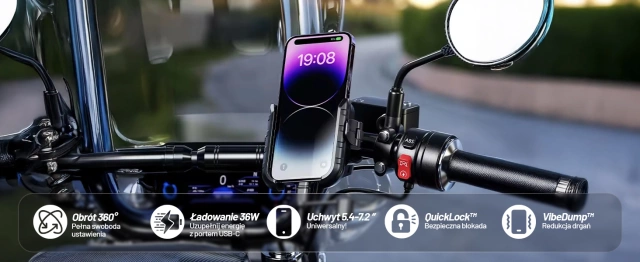 Uchwyt Motocyklowy na Telefon z Szybkim Ładowaniem 36W USB-C PD Kewig do Kierownicy i Lusterka, Rotacja 360°, Kompatybilny z Telefonami 5.4–7" - Czarny