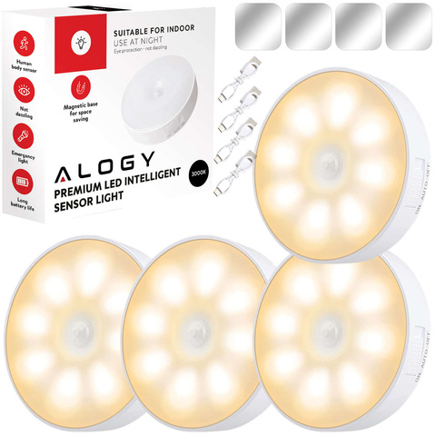 4x Lampka lampa LED czujnik ruchu zmierzchu nocna Alogy Sensor Light Bezprzewodowa oświetlenie meblowe Światło ciepłe 3000k