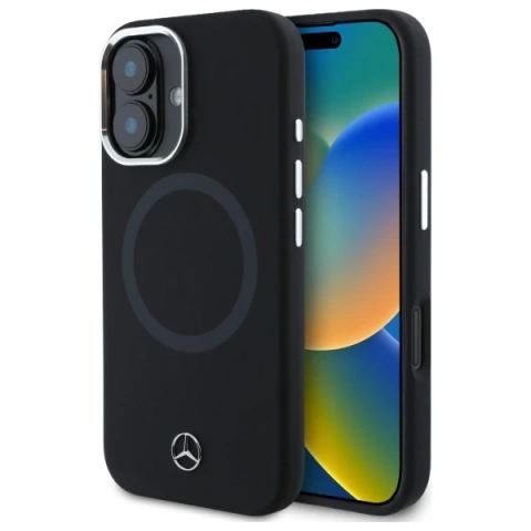 Mercedes-Hülle für iPhone 16 6,1 Zoll, schwarzes Hardcase, Ton-in-Ton-Logo aus Silikon, MagSafe