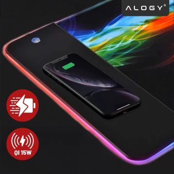 Alogy QiGlow Pro Schreibtischunterlage mit RGB-LED-Beleuchtung für Maus, Tastatur und Qi-Ladegerät für Smartphones. Rutschfeste, schützende Gaming-Matte XL (80 x 30 cm), Schwarz.