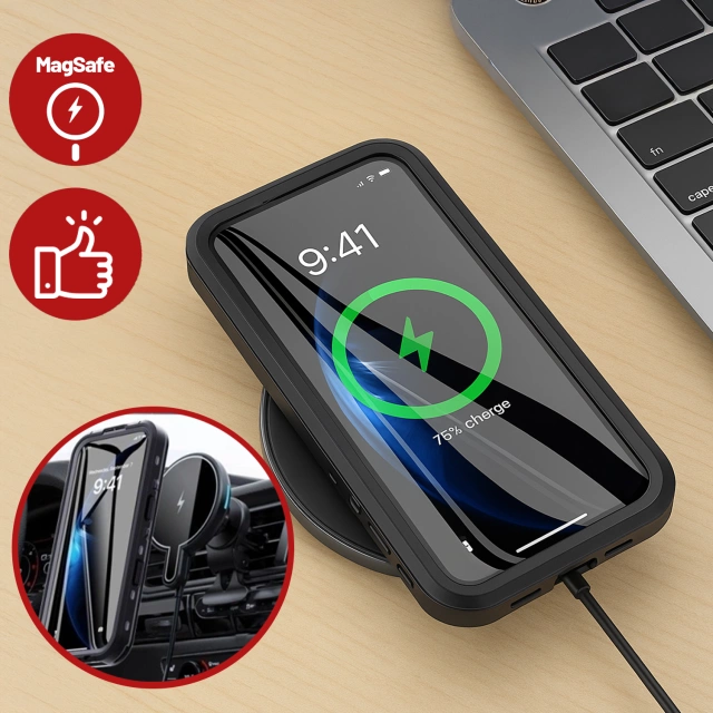 Etui Wodoodporne do Apple iPhone 15 Pro, Pancerna Obudowa 360° z Przezroczystym Tyłem, Kompatybilna z MagSafe, HydroArmor™ IP68 Case – Czarne