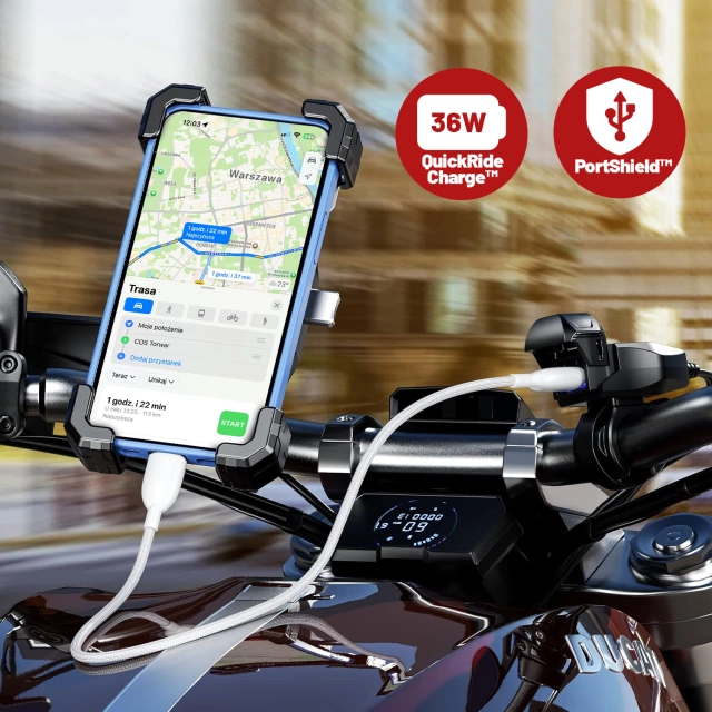 Ładowarka Motocyklowa Kewig USB-C 36W, Szybkie Ładowanie QC, Wodoodporna IP65 z Wyłącznikiem i Podświetleniem LED, Montaż na Kierownicy, do Telefonu, Kamerki, Interkomu – Czarna