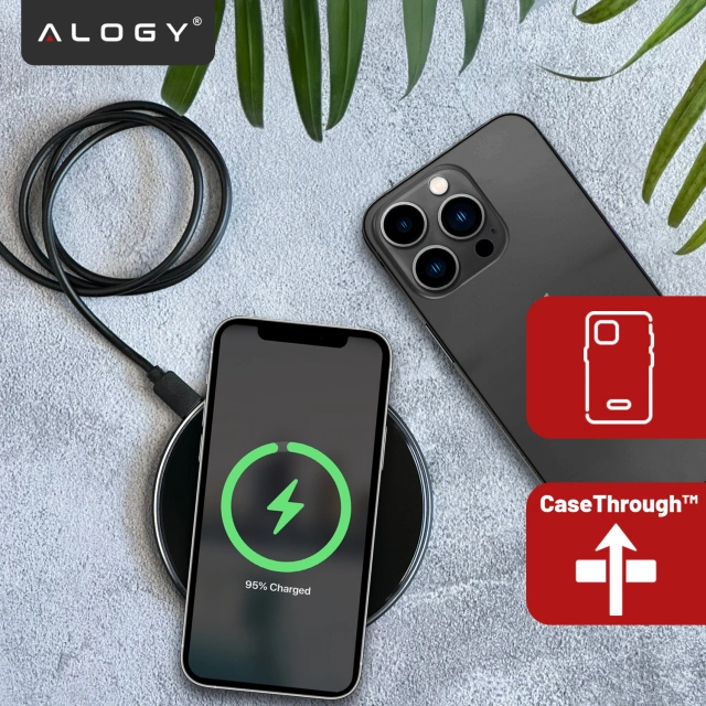 Ładowarka indukcyjna Ultra-Slim Qi 15W – bezprzewodowa, szybkie ładowanie z podświetleniem LED, okrągła do iPhone Samsung, w zestawie kabel USB-C – Alogy SlimCharge™ Czarna