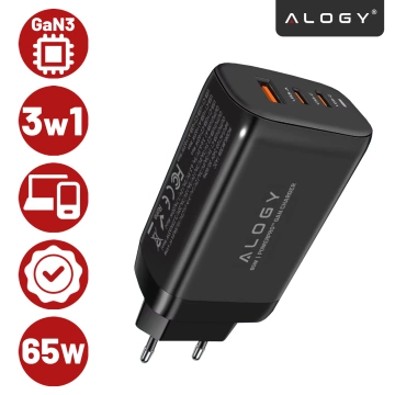 Alogy GaNCharge Kompaktes 3-in-1-Wandladegerät, schnelles Laden, GaN3, 65 W, USB-A, 30 W, 2 x USB-C, 65 W, Schwarz