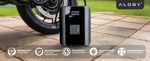 Pompka elektryczna rowerowa do roweru Bezprzewodowa Kompresor Samochodowy przenośny z latarką 150 PSI Alogy Czarna