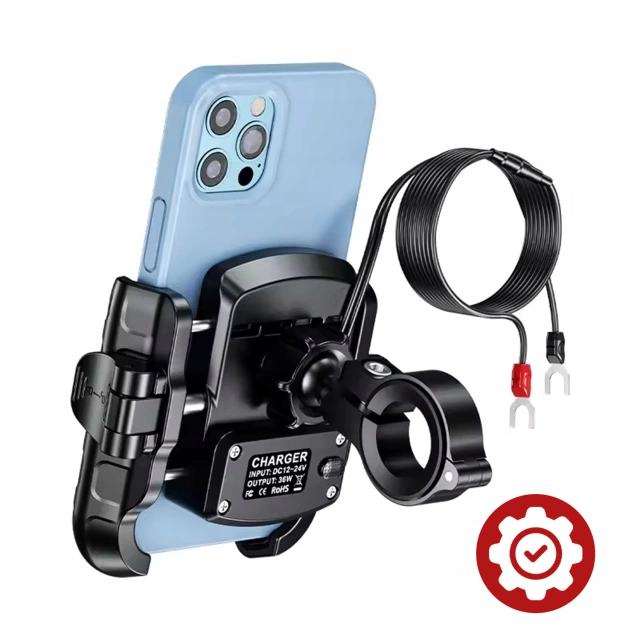 Uchwyt Motocyklowy na Telefon z Szybkim Ładowaniem 36W USB-C PD Kewig do Kierownicy i Lusterka, Rotacja 360°, Kompatybilny z Telefonami 5.4–7" - Czarny