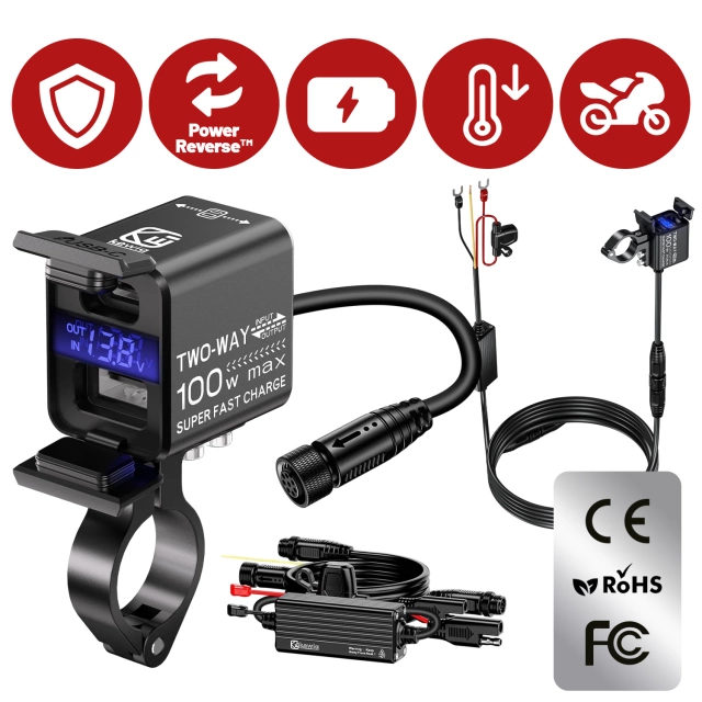 Ładowarka Motocyklowa Kewig, Uniwersalna Aluminiowa 100W, Dwukierunkowa z Woltomierzem, Szybkie Ładowanie USB-A i USB-C, Inteligentna i Wodoodporna – Czarna