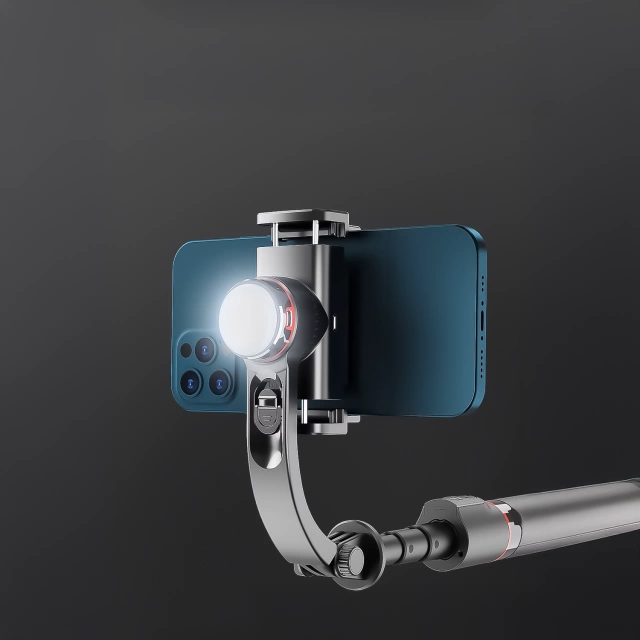 Gimbal stabilny Statyw z pilotem Bluetooth Selfie Stick Lampą LED oświetleniem obrotowy 360° 70cm Techsuit L19s Czarny