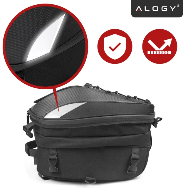 Plecak torba motocyklowa wodoodporna 40L – 5w1 – kufer, podsiodłowa, bagażnikowa, na kask, z pokrowcem, Nylon, torba miejska na motocykl – Alogy RoadMaster™ Czarna