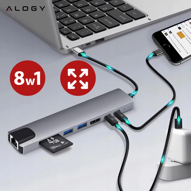Hub 8w1 USB-C do 2xA+2xC+HDMI+SD+Micro+LAN 100mb – Alogy MultiHub™ Do Notebooka Laptopa