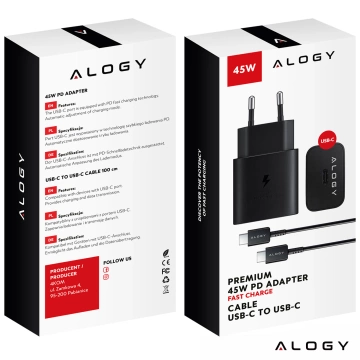 USB-C Typ C PD Premium Wandladegerät schnelles 45W 3A Typ-C Kabel 1M Alogy schwarz