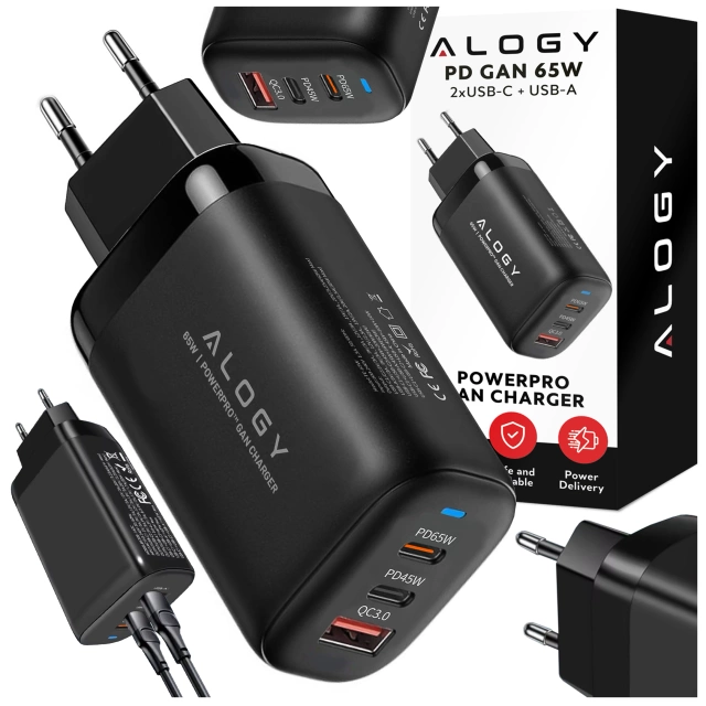 Ładowarka Sieciowa 3w1 z Technologią GaN3 65W, Szybkie Ładowanie PD i QC, Porty 2x USB-C 65W + USB-A 30W, Kompaktowa i Wydajna, Alogy GaNCharge Compact™ – Czarna