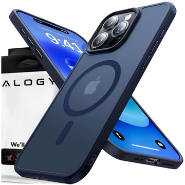 Hülle für iPhone 15 Pro MagSafe Matt Case Cover mattiert Alogy Ring gepanzerte Handyhülle Marineblaues Glas