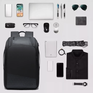 Wasserdichter Rucksack von Bange für Laptops bis 15,6 Zoll, ideal für Städtetrips, 49 x 31 x 18 cm, erweiterbar für Arbeit und Flugreisen, für Damen und Herren, mit USB-Anschluss, Schwarz