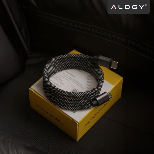 Kabel Zasilający USB-C do USB-C 65W 1m, Szybkie Ładowanie PD, Magnetyczny, Trwały i Elastyczny Przewód Kompatybilny z iPhone, MacBook i Android, Alogy MagiCharge™ – Czarny + Ładowarka Sieciowa 3w1 65W