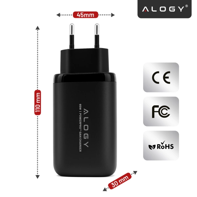 Ładowarka Sieciowa 3w1 z Technologią GaN3 65W, Szybkie Ładowanie PD i QC, Porty 2x USB-C 65W + USB-A 30W, Kompaktowa i Wydajna, Alogy GaNCharge Compact™ – Czarna