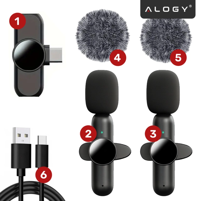 Mikrofon Bezprzewodowy 2x Zestaw - USB-C, redukcja szumu, lekka konstrukcja, zasięg do 20 metrów - 2x Mikrofon Krawatowy z Futerkową Osłoną, Odbiornik do telefonu - Alogy DualVoice™ Czarny