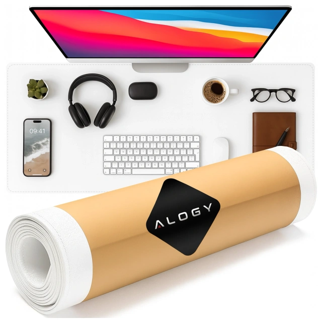 Podkładka na biurko 90×45 cm – antypoślizgowa mata ochronna z eleganckiej ekoskóry PU, pod mysz i klawiaturę, stylowa i trwała – Alogy WorkMat™ Biała