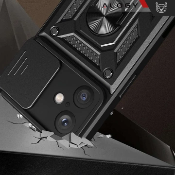 Etui do Apple iPhone 16 pancerne Slide Case Ring obudowa ochrona aparatu Camshield Alogy czarne + Szkło