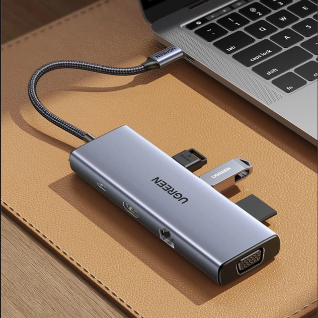 Adapter Ugreen CM498 USB-C HDMI VGA RJ45 USB-A SD PD 100W Hub 9w1 Szary