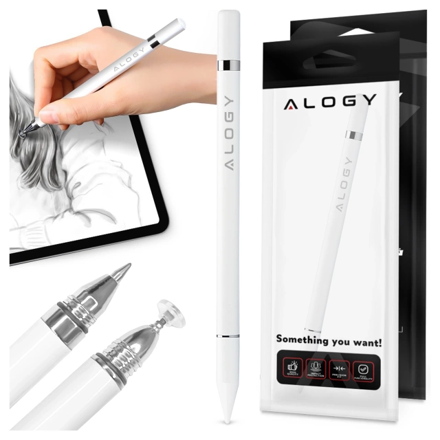 Alogy 2-in-1 kapazitiver Touch-Stift für den Bildschirm eines Telefon-Tablets mit einem Stift Weiß