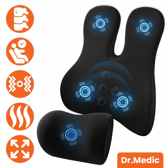 Poduszka Samochodowa 2w1 z Masażem i Podgrzewaniem – ergonomiczne wsparcie szyi, karku, pleców i odcinka lędźwiowego, elektryczny masażer z wibracjami dla kierowcy i pasażera – Dr.Medic RelaxTherapyHeat™