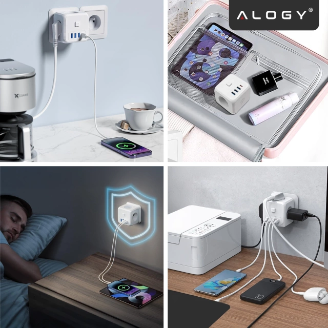 Rozgałęźnik sieciowy rozdzielacz Ładowarka adapter złodziejka 3 gniazdka EU 3x USB + USB-C C 7w1 Alogy Biały
