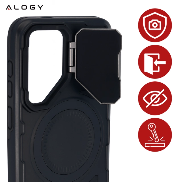 Etui do Samsung Galaxy S25 Ultra Case do MagSafe Wzmocniona Pancerna ochrona obiektywów z funkcją podstawki obudowa ochronna na telefon Alogy HeavyDuty Mag™️Czarne