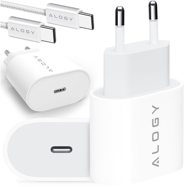 Ładowarka sieciowa szybka mocna 35W USB-C USB typ C PD GaN do iPhone Samsung +Kabel type-C 1m Alogy Biała