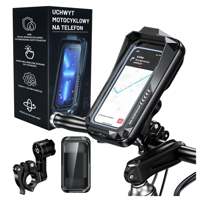 Uchwyt Motocyklowy Rowerowy Torba na Telefon do 7" Wodoodporna IP66 z Panelem Dotykowym, z wejściem na Kabel, Na Motocykl, Rower, Skuter, Hulajnogę, Kewig– Czarna