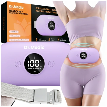 Pas Grzejący z Masażerem na okres i plecy - przeciwbólowy, ciepło + wibracje, 6 poziomów intensywności, akumulator 1800 mAh - Dr.Medic ThermoPulse™ Fioletowy