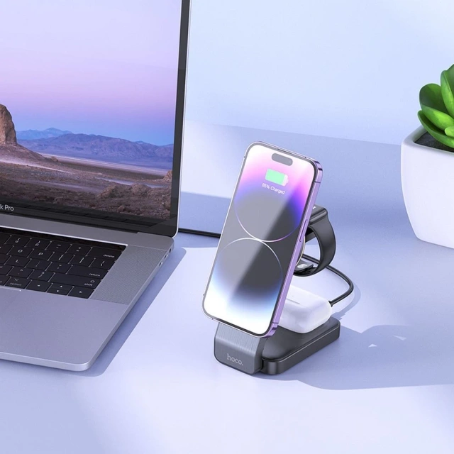 Hoco CQ3 MagSafe 15W Faltbares 3-in-1-Wireless-Ladegerät Schwarz