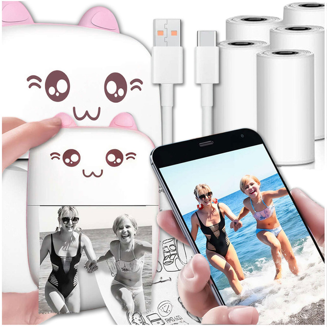 Drukarka termiczna Drukuś z 6 szt. rolkami papieru termicznego dla dzieci Różowy