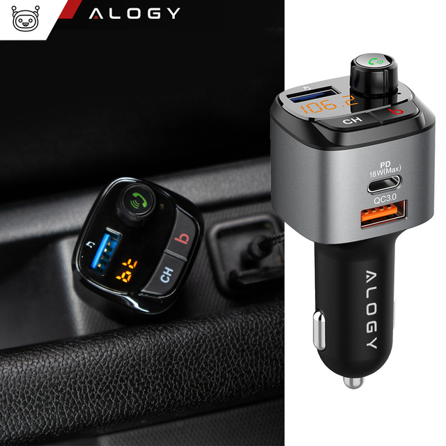 Transmiter samochodowy FM Alogy Ładowarka USB QC 3.0 + USB-C PD Bluetooth odtwarzacz MP3 + Kabel 1m USB-C do Lightning + Etui