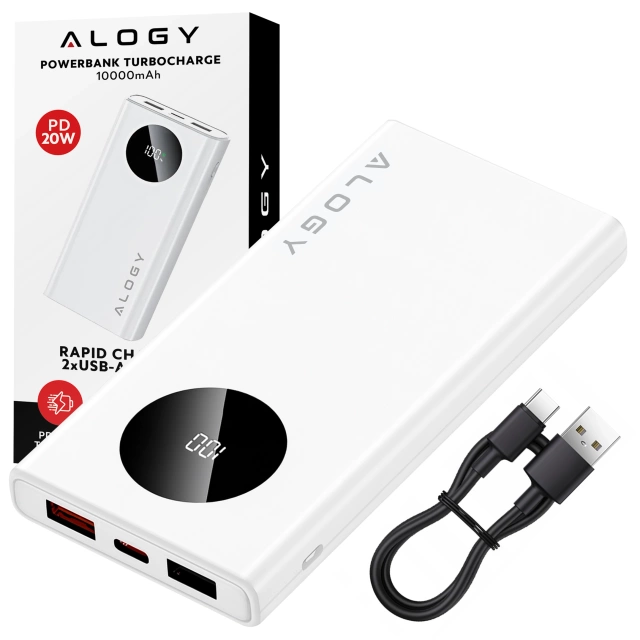 PowerBank 10000mAh z Technologią PD 120W, Szybkie Ładowanie PowerDelivery, Porty 2x USB-A i 1x USB-C, Wysoka Moc i Kompaktowy Design, Alogy TurboCharge™ – Biały