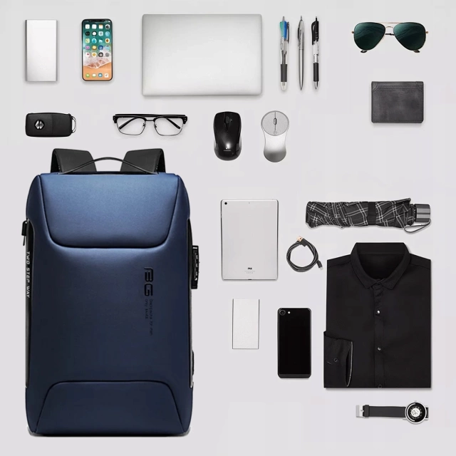 Plecak Antykradzieżowy wodoodporny Bange na laptopa 15.6" miejski podróżny 48x30x16 cm do pracy samolotu męski damski z gniazdem USB i zamkiem szyfrowym Granatowy