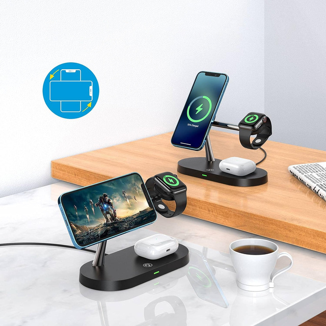 Ładowarka indukcyjna Qi Mag Safe 15W do iPhone Apple Watch AirPods bezprzewodowa 5w1 Stacja dokująca Czarna