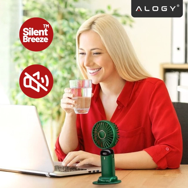 Wentylator Wiatrak Ręczny Bezprzewodowy, Przenośny i Biurkowy, z Uchwytem na Telefon, Ładowanie USB-C, Bateria 18650, Alogy CoolBreeze™ – Zielony